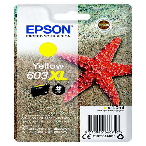 Epson 603XL - 4 ml - XL - giallo - originale - blister con radiofrequenza / allarme acustico - cartuccia d'inchiostro - per Expression Home XP-2150, 2155, 3150, 3155, 4150, 4155; WorkForce WF-2820, 2840, 2845, 2870